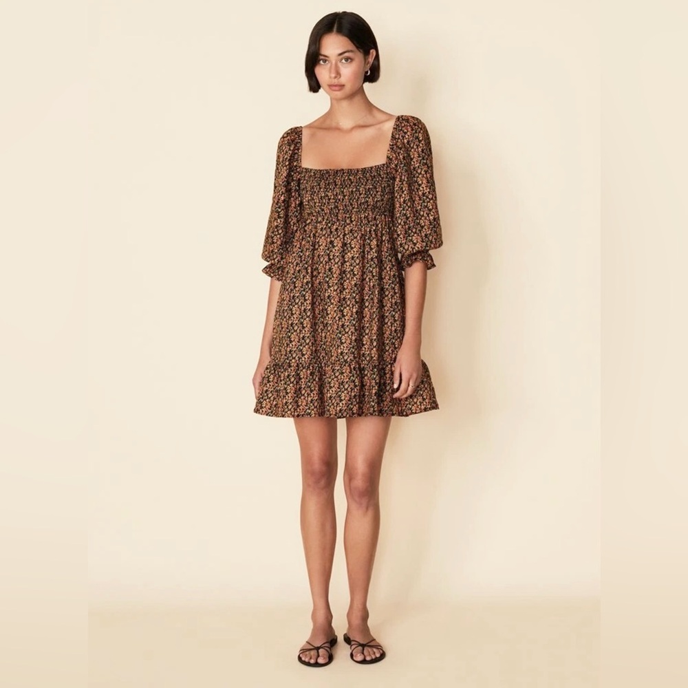 Faithfull the Brand Elira Floral Smocked Mini Dress Puff Sleeve Ruffle Hem Sz M